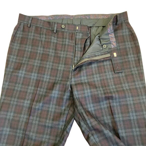 L-Ralph Lauren Mens Wool Blend Burgundy Plaid Flat Front Dress Pants Slim Fit - Picture 12 of 16